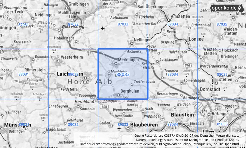 Übersichtskarte KOSTRA-DWD-2010R Rasterfeld Nr. 88033 mit angrenzenden Feldern