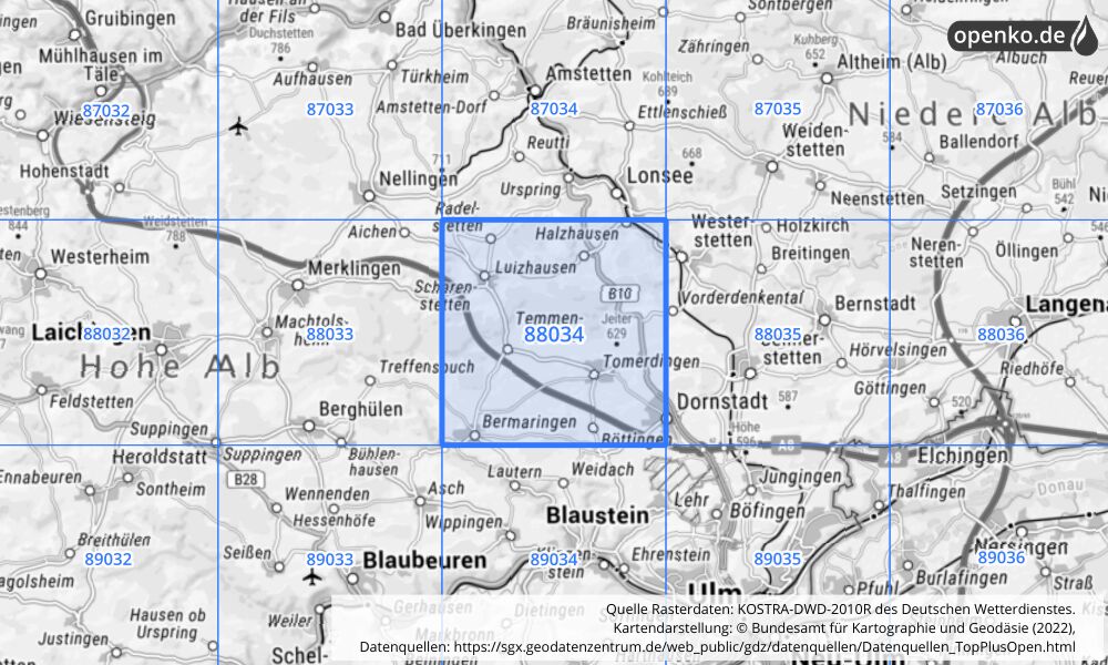 Übersichtskarte KOSTRA-DWD-2010R Rasterfeld Nr. 88034 mit angrenzenden Feldern