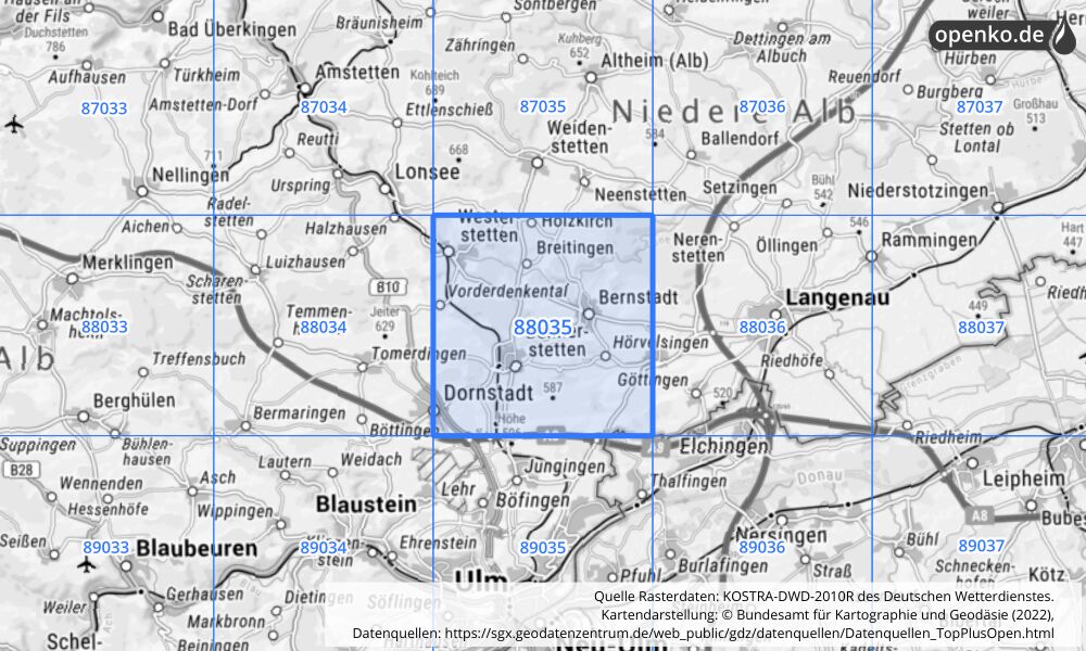 Übersichtskarte KOSTRA-DWD-2010R Rasterfeld Nr. 88035 mit angrenzenden Feldern