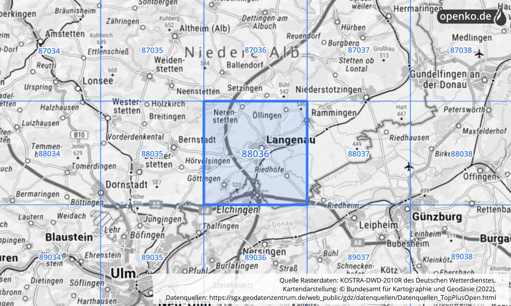 Übersichtskarte KOSTRA-DWD-2010R Rasterfeld Nr. 88036 mit angrenzenden Feldern