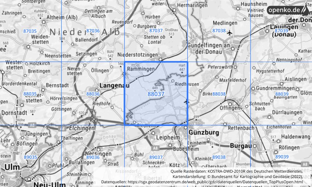 Übersichtskarte KOSTRA-DWD-2010R Rasterfeld Nr. 88037 mit angrenzenden Feldern