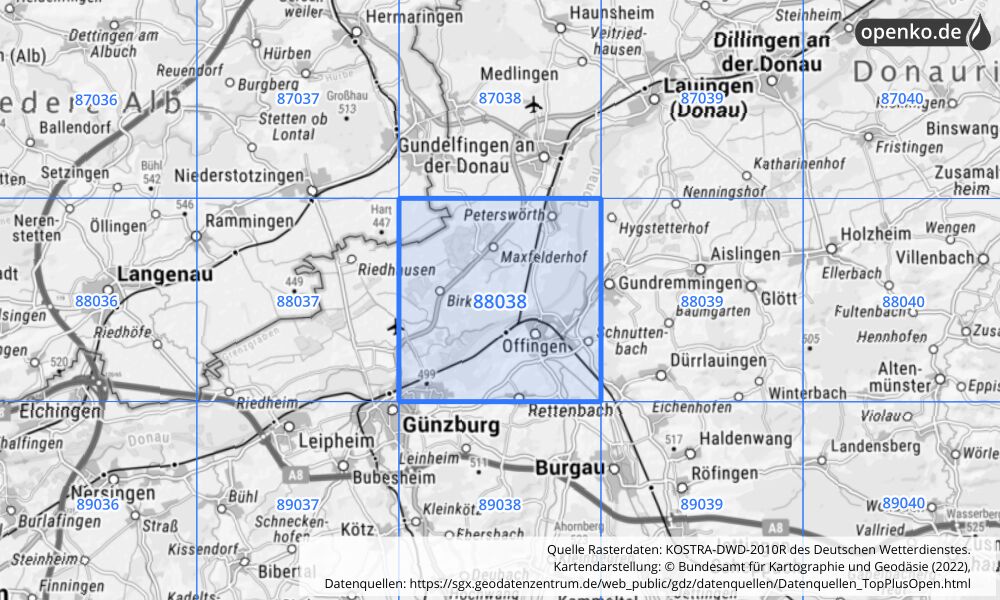 Übersichtskarte KOSTRA-DWD-2010R Rasterfeld Nr. 88038 mit angrenzenden Feldern