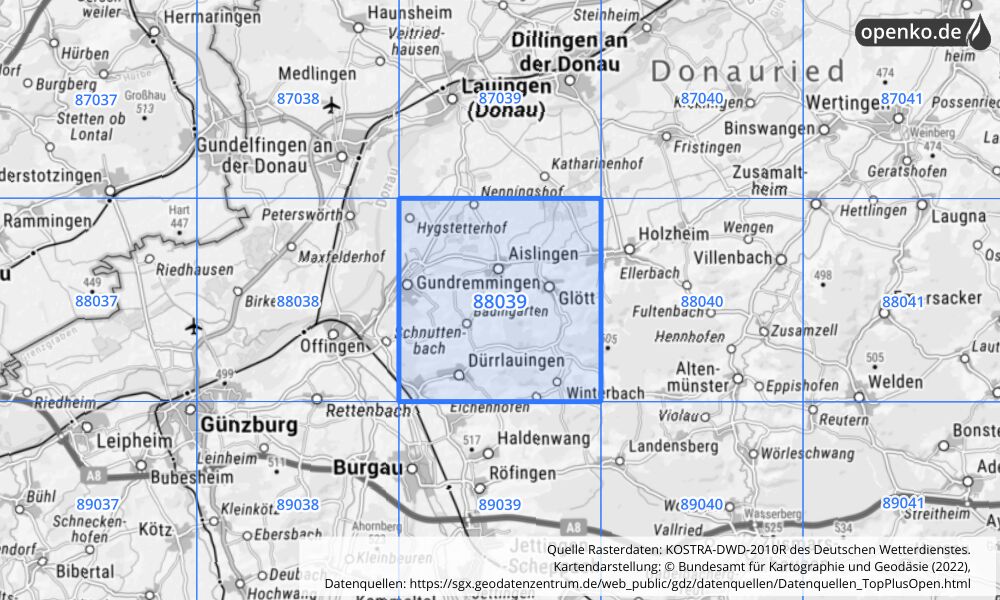 Übersichtskarte KOSTRA-DWD-2010R Rasterfeld Nr. 88039 mit angrenzenden Feldern