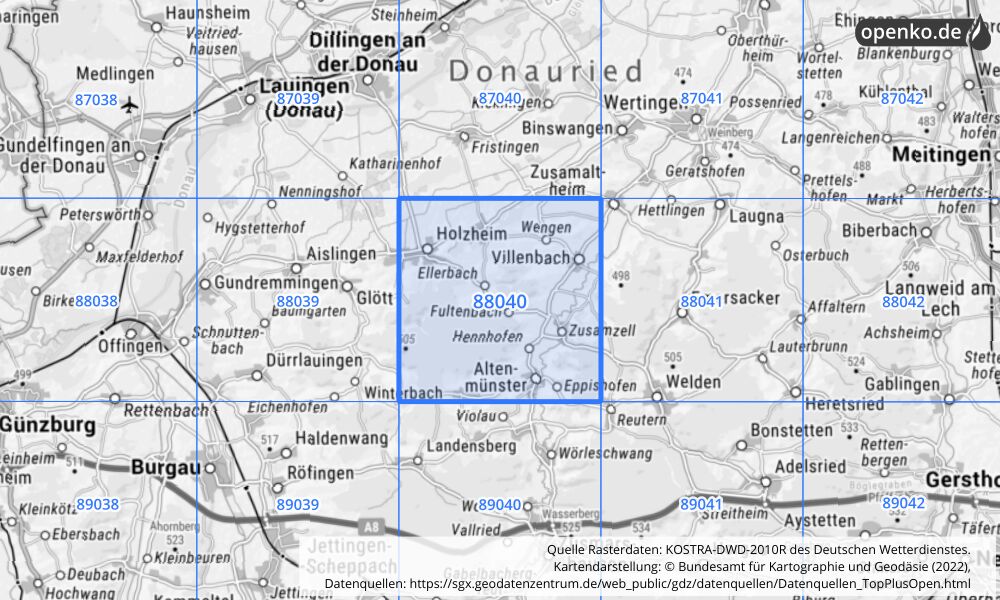 Übersichtskarte KOSTRA-DWD-2010R Rasterfeld Nr. 88040 mit angrenzenden Feldern