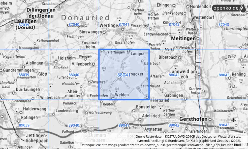 Übersichtskarte KOSTRA-DWD-2010R Rasterfeld Nr. 88041 mit angrenzenden Feldern