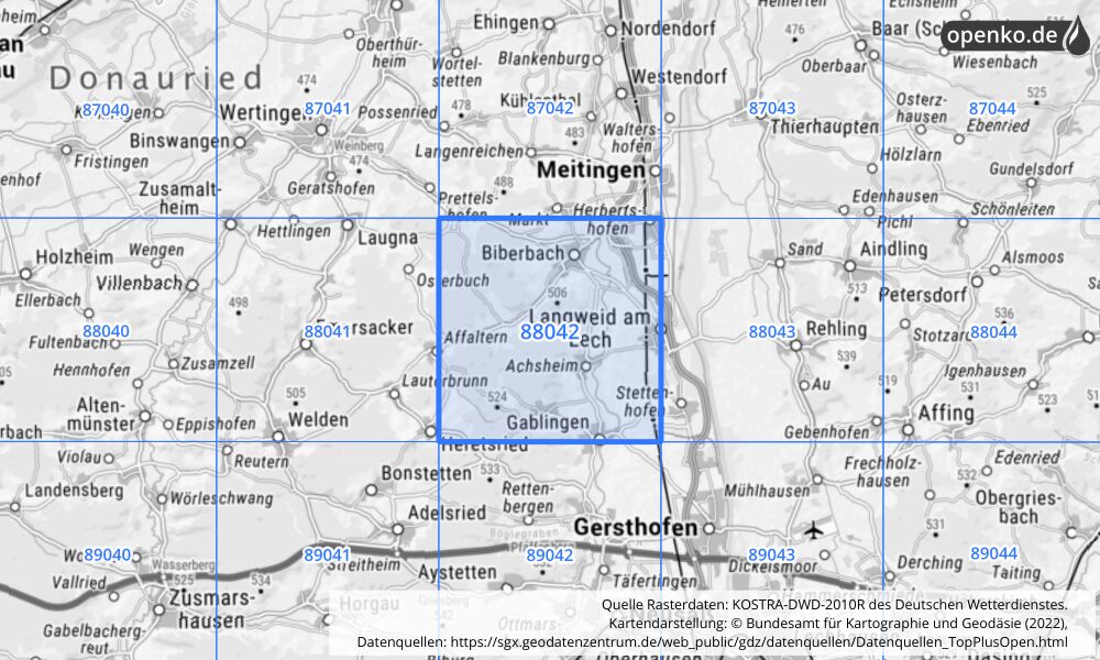 Übersichtskarte KOSTRA-DWD-2010R Rasterfeld Nr. 88042 mit angrenzenden Feldern