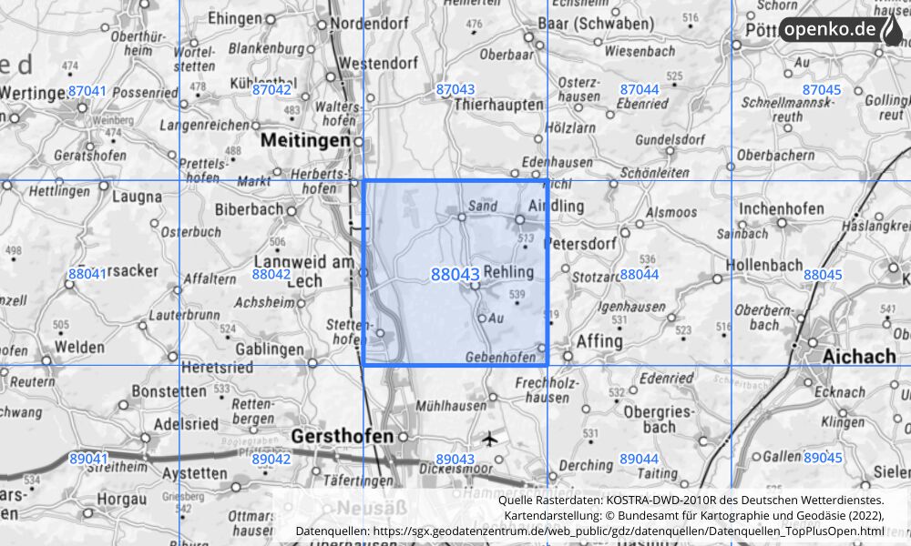 Übersichtskarte KOSTRA-DWD-2010R Rasterfeld Nr. 88043 mit angrenzenden Feldern