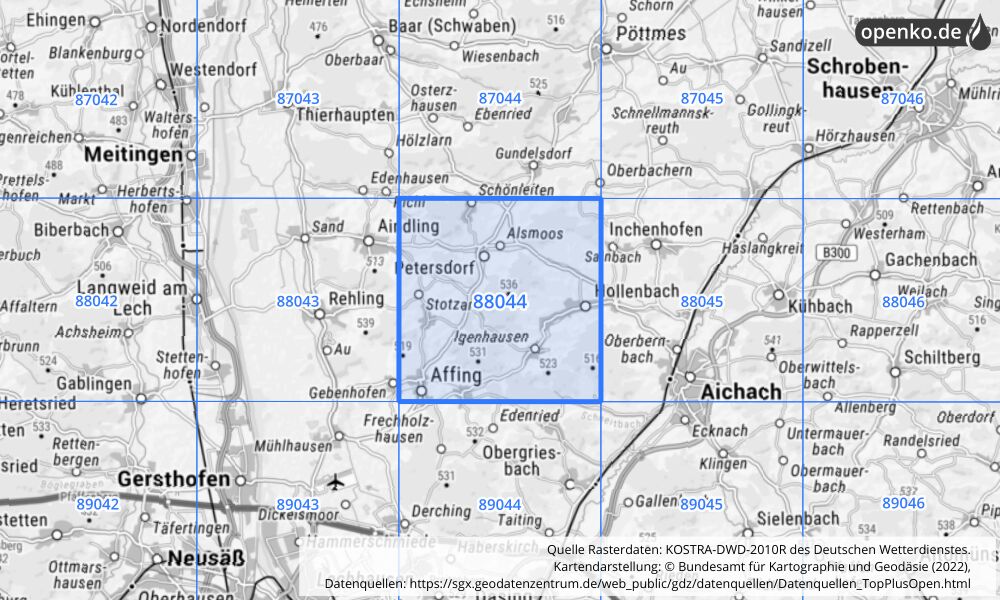 Übersichtskarte KOSTRA-DWD-2010R Rasterfeld Nr. 88044 mit angrenzenden Feldern