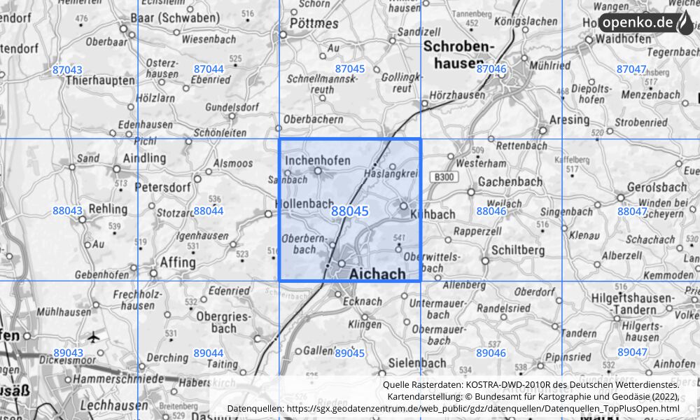 Übersichtskarte KOSTRA-DWD-2010R Rasterfeld Nr. 88045 mit angrenzenden Feldern