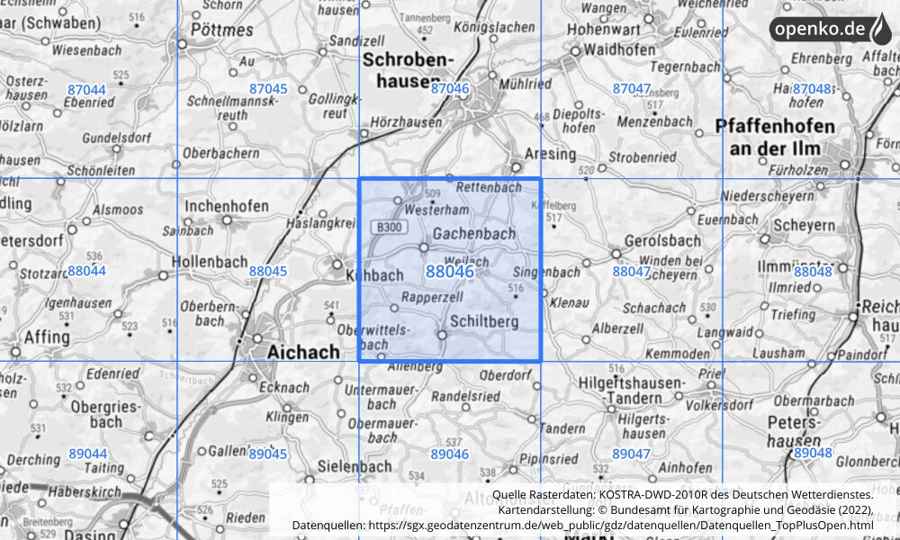 Übersichtskarte KOSTRA-DWD-2010R Rasterfeld Nr. 88046 mit angrenzenden Feldern