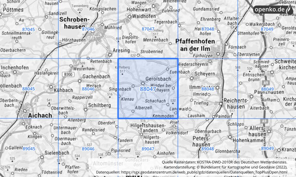 Übersichtskarte KOSTRA-DWD-2010R Rasterfeld Nr. 88047 mit angrenzenden Feldern