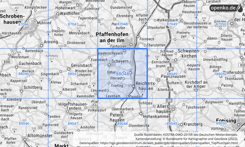 Übersichtskarte KOSTRA-DWD-2010R Rasterfeld Nr. 88048 mit angrenzenden Feldern