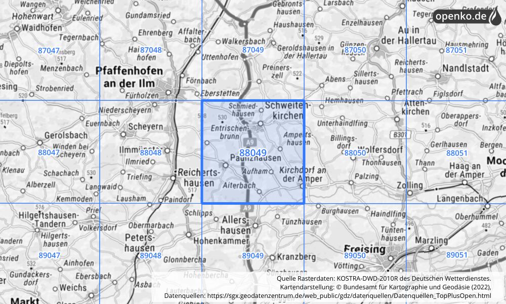 Übersichtskarte KOSTRA-DWD-2010R Rasterfeld Nr. 88049 mit angrenzenden Feldern