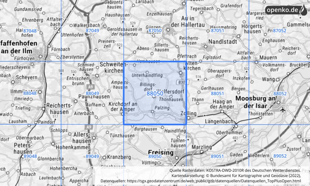 Übersichtskarte KOSTRA-DWD-2010R Rasterfeld Nr. 88050 mit angrenzenden Feldern