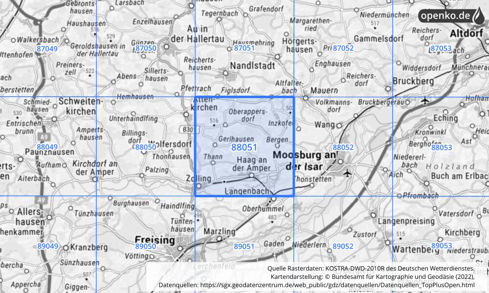 Übersichtskarte KOSTRA-DWD-2010R Rasterfeld Nr. 88051 mit angrenzenden Feldern