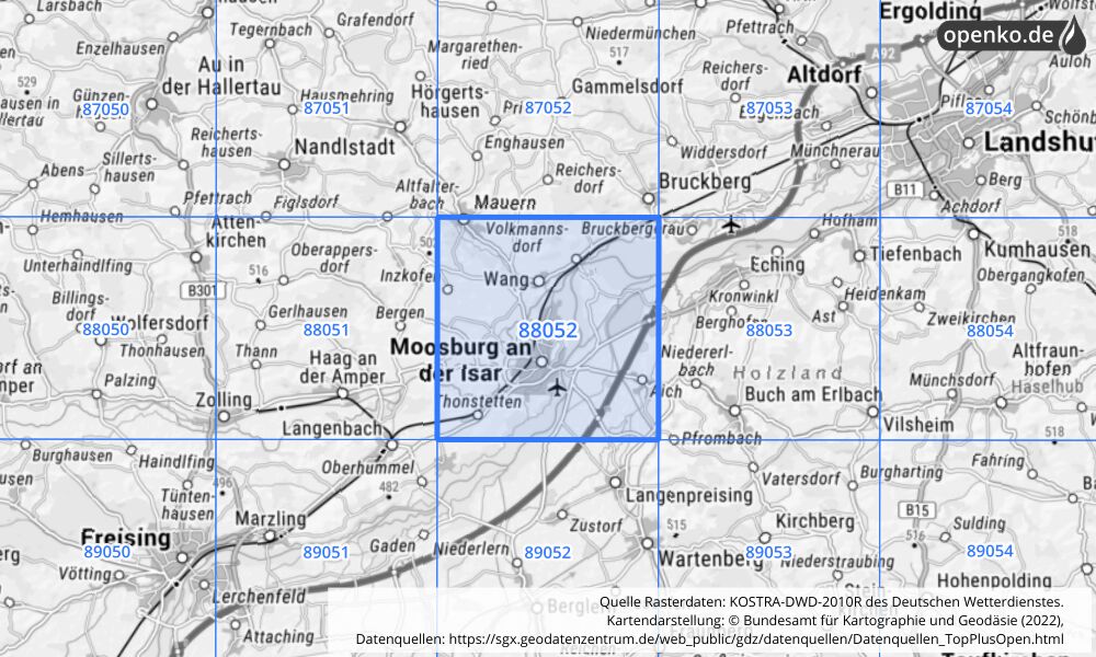 Übersichtskarte KOSTRA-DWD-2010R Rasterfeld Nr. 88052 mit angrenzenden Feldern