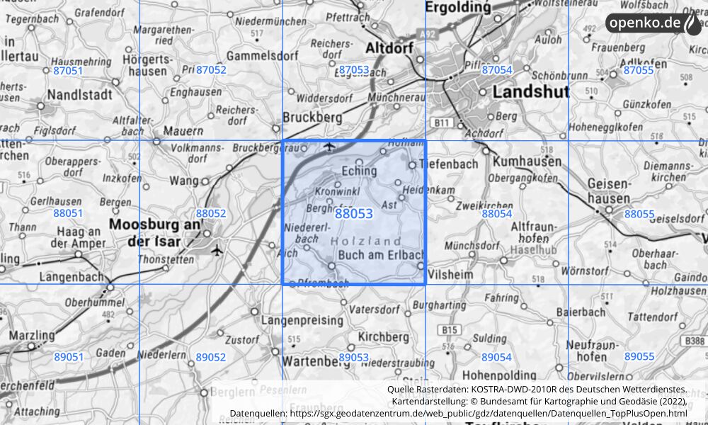 Übersichtskarte KOSTRA-DWD-2010R Rasterfeld Nr. 88053 mit angrenzenden Feldern