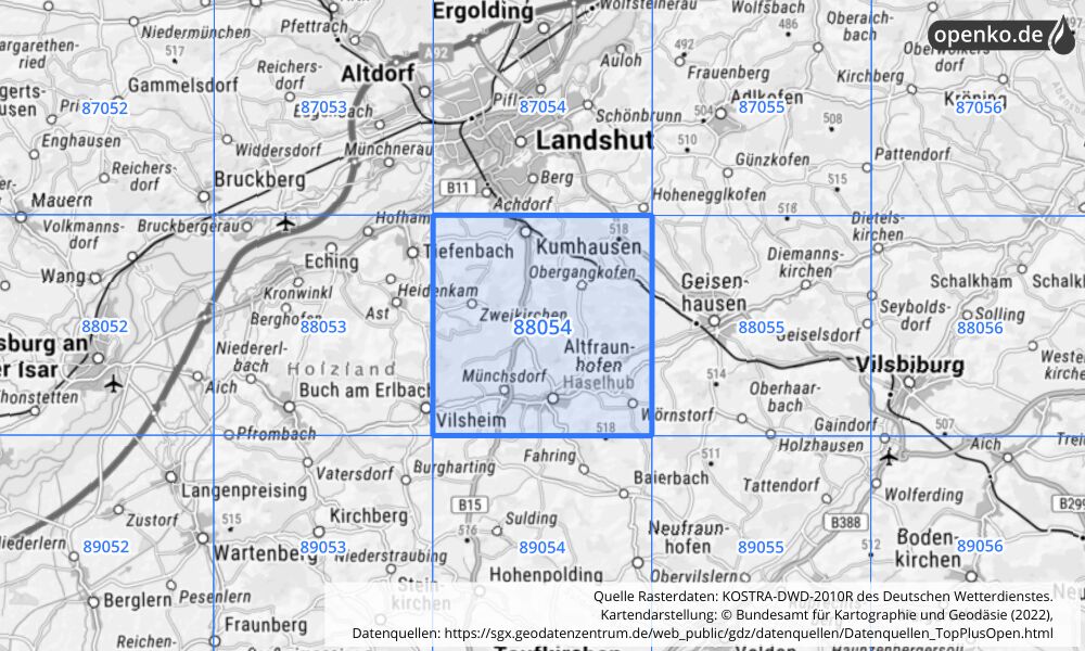 Übersichtskarte KOSTRA-DWD-2010R Rasterfeld Nr. 88054 mit angrenzenden Feldern