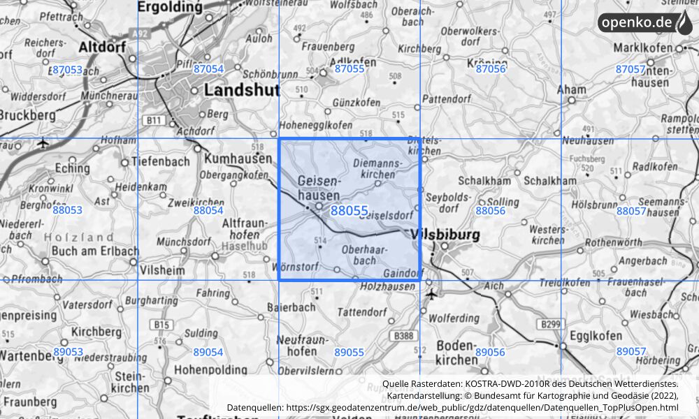 Übersichtskarte KOSTRA-DWD-2010R Rasterfeld Nr. 88055 mit angrenzenden Feldern