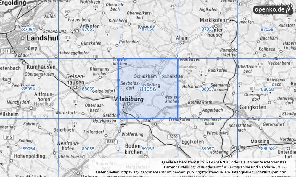 Übersichtskarte KOSTRA-DWD-2010R Rasterfeld Nr. 88056 mit angrenzenden Feldern