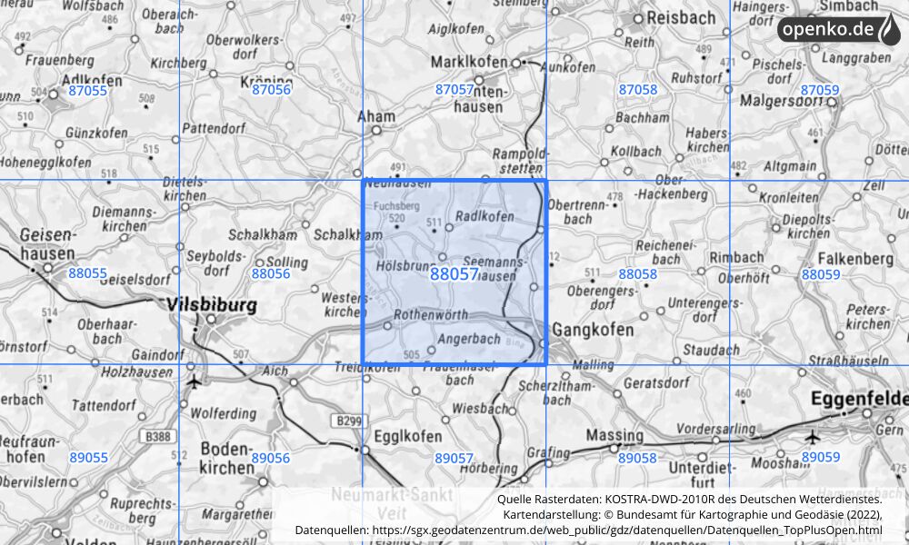 Übersichtskarte KOSTRA-DWD-2010R Rasterfeld Nr. 88057 mit angrenzenden Feldern