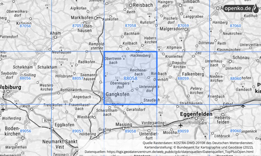 Übersichtskarte KOSTRA-DWD-2010R Rasterfeld Nr. 88058 mit angrenzenden Feldern