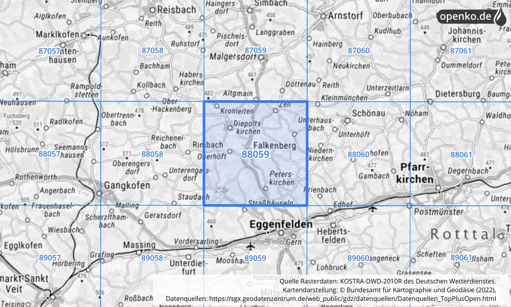 Übersichtskarte KOSTRA-DWD-2010R Rasterfeld Nr. 88059 mit angrenzenden Feldern