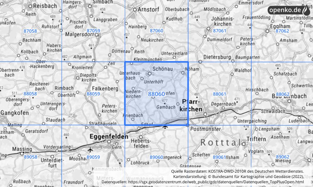 Übersichtskarte KOSTRA-DWD-2010R Rasterfeld Nr. 88060 mit angrenzenden Feldern