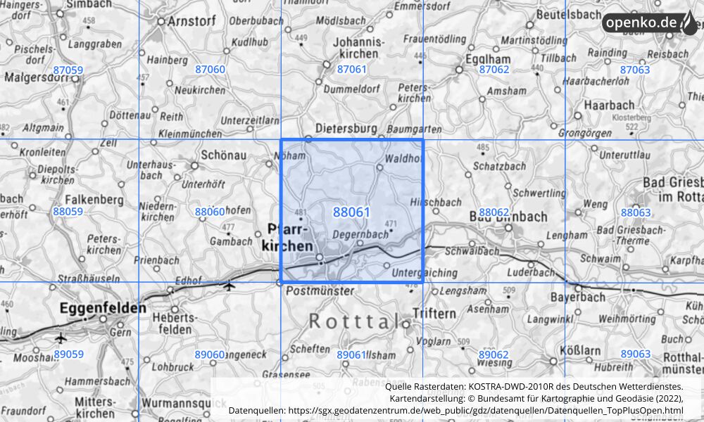 Übersichtskarte KOSTRA-DWD-2010R Rasterfeld Nr. 88061 mit angrenzenden Feldern