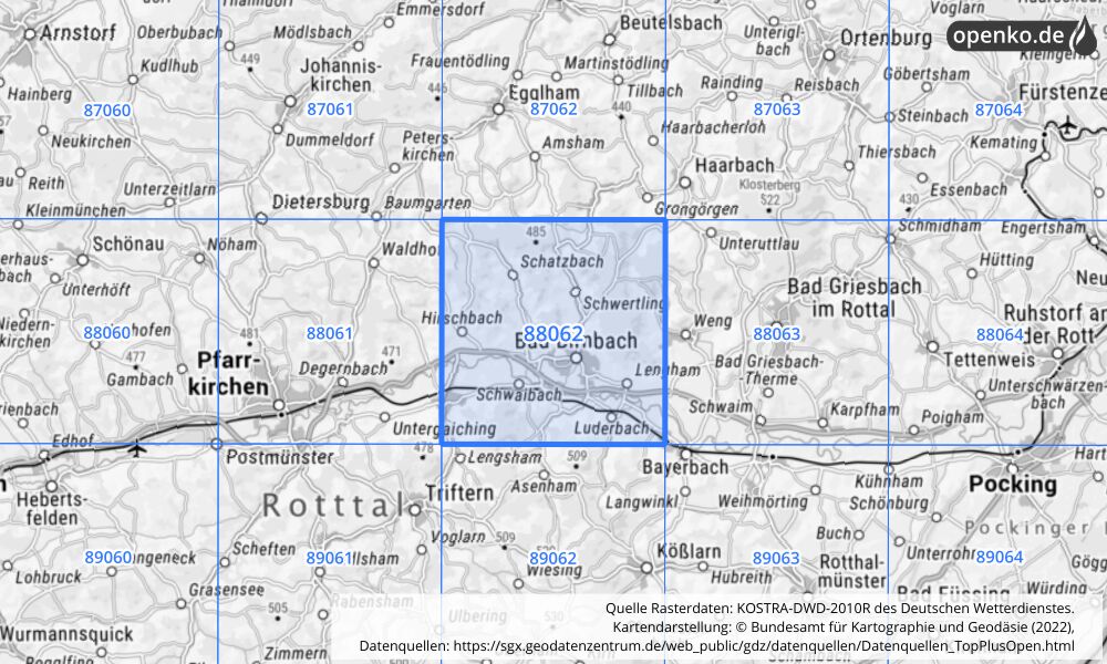 Übersichtskarte KOSTRA-DWD-2010R Rasterfeld Nr. 88062 mit angrenzenden Feldern