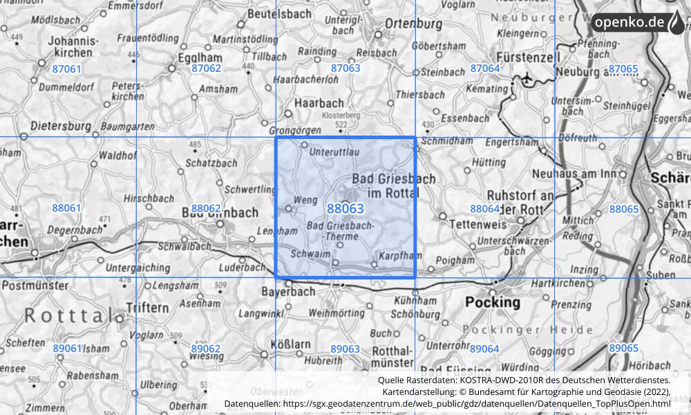 Übersichtskarte KOSTRA-DWD-2010R Rasterfeld Nr. 88063 mit angrenzenden Feldern