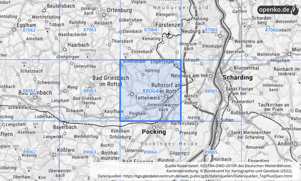 Übersichtskarte KOSTRA-DWD-2010R Rasterfeld Nr. 88064 mit angrenzenden Feldern