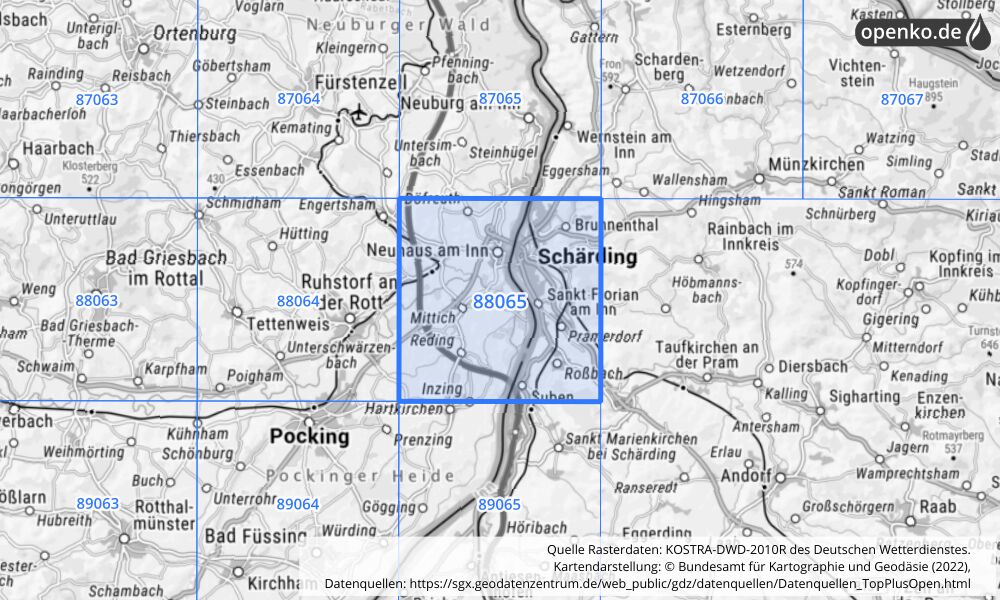 Übersichtskarte KOSTRA-DWD-2010R Rasterfeld Nr. 88065 mit angrenzenden Feldern