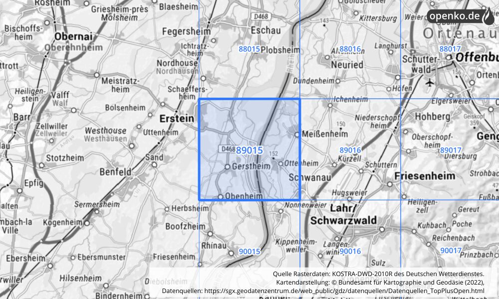 Übersichtskarte KOSTRA-DWD-2010R Rasterfeld Nr. 89015 mit angrenzenden Feldern