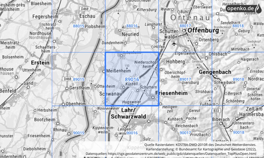 Übersichtskarte KOSTRA-DWD-2010R Rasterfeld Nr. 89016 mit angrenzenden Feldern