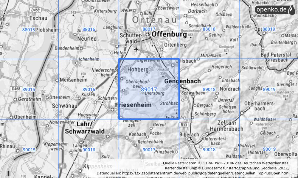 Übersichtskarte KOSTRA-DWD-2010R Rasterfeld Nr. 89017 mit angrenzenden Feldern