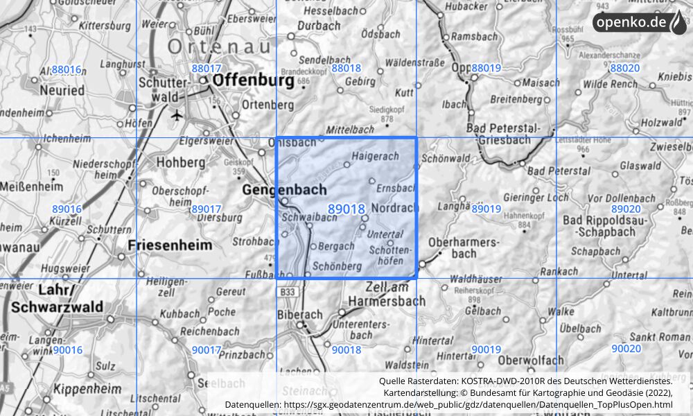 Übersichtskarte KOSTRA-DWD-2010R Rasterfeld Nr. 89018 mit angrenzenden Feldern