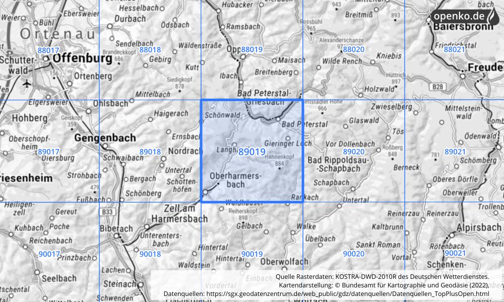 Übersichtskarte KOSTRA-DWD-2010R Rasterfeld Nr. 89019 mit angrenzenden Feldern