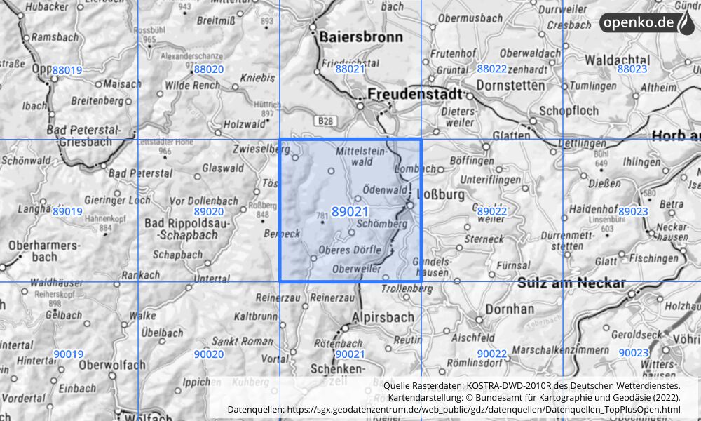 Übersichtskarte KOSTRA-DWD-2010R Rasterfeld Nr. 89021 mit angrenzenden Feldern