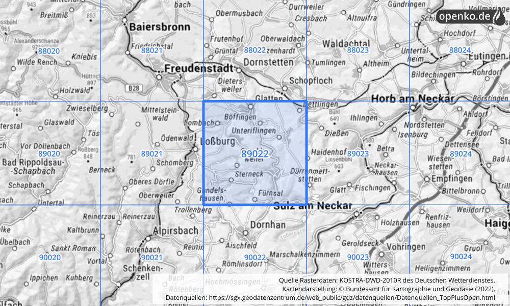 Übersichtskarte KOSTRA-DWD-2010R Rasterfeld Nr. 89022 mit angrenzenden Feldern