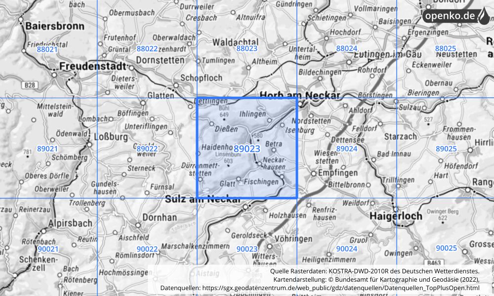 Übersichtskarte KOSTRA-DWD-2010R Rasterfeld Nr. 89023 mit angrenzenden Feldern