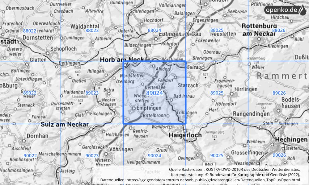 Übersichtskarte KOSTRA-DWD-2010R Rasterfeld Nr. 89024 mit angrenzenden Feldern