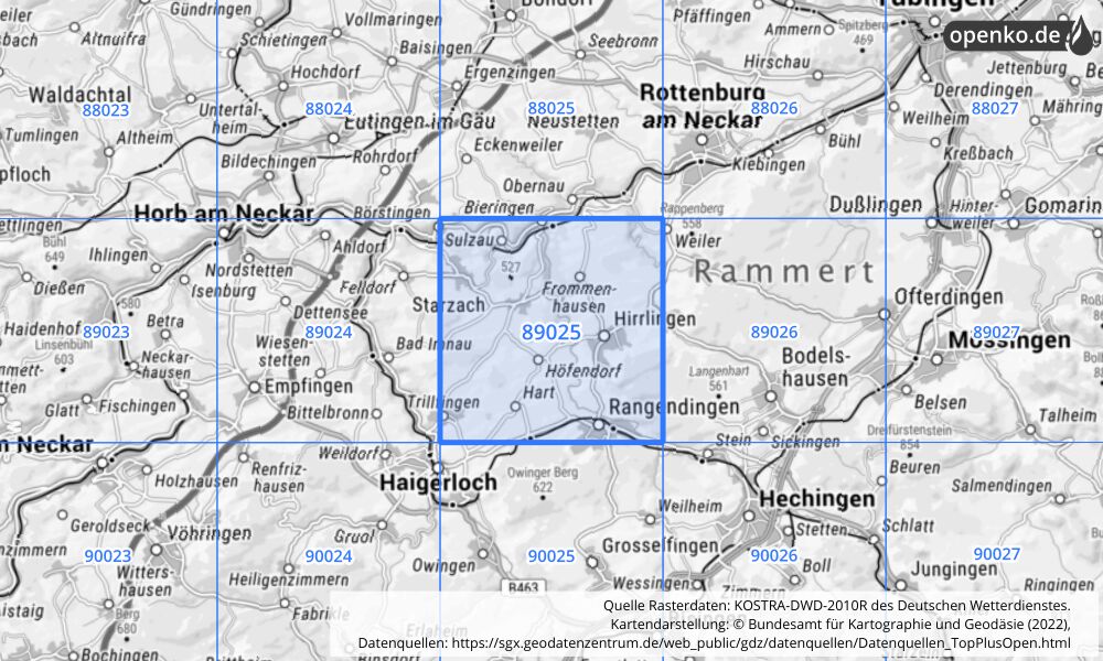 Übersichtskarte KOSTRA-DWD-2010R Rasterfeld Nr. 89025 mit angrenzenden Feldern