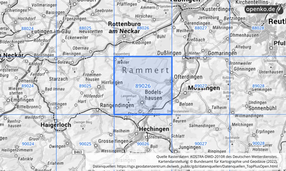 Übersichtskarte KOSTRA-DWD-2010R Rasterfeld Nr. 89026 mit angrenzenden Feldern