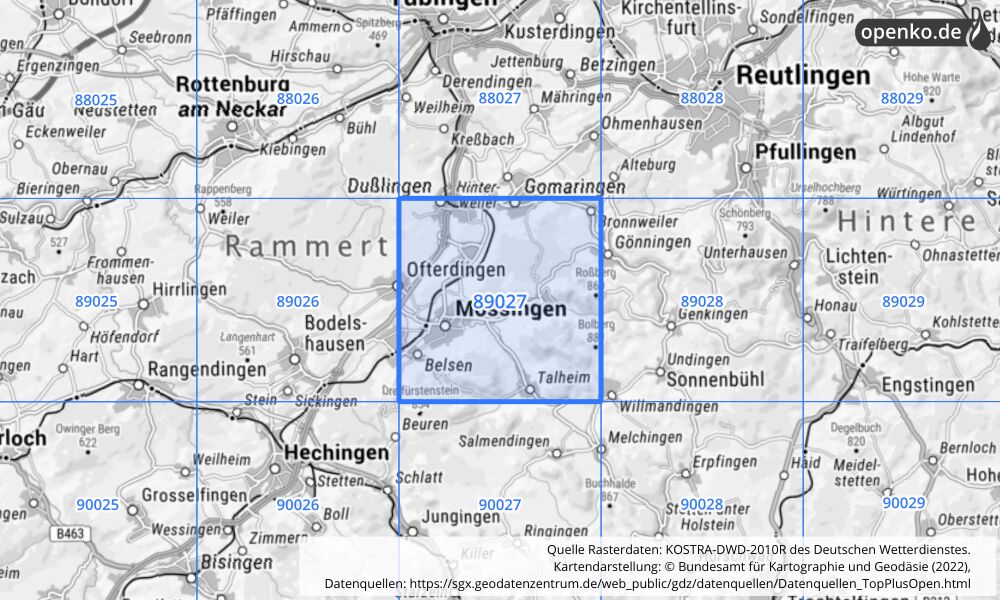 Übersichtskarte KOSTRA-DWD-2010R Rasterfeld Nr. 89027 mit angrenzenden Feldern