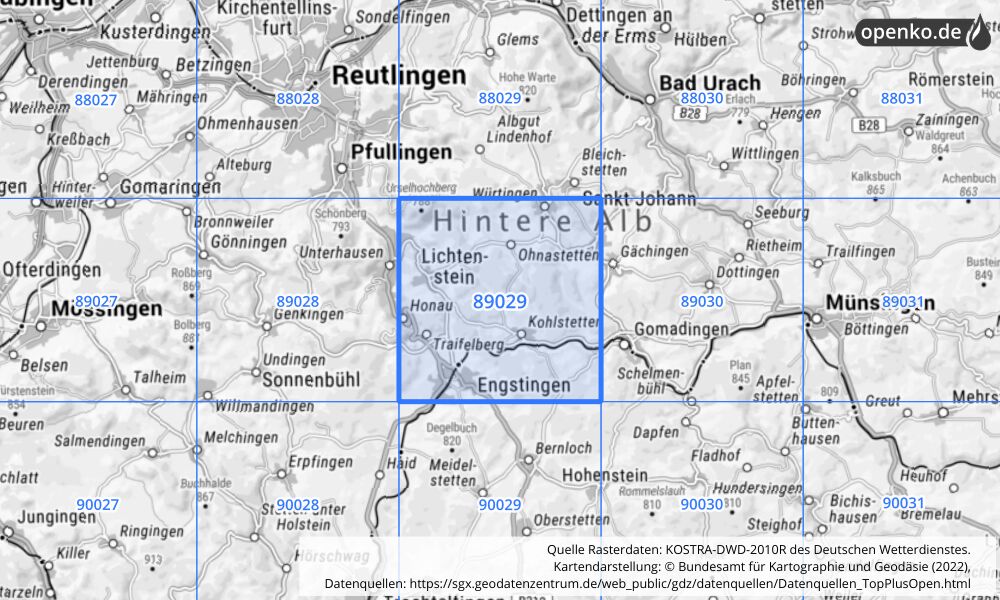 Übersichtskarte KOSTRA-DWD-2010R Rasterfeld Nr. 89029 mit angrenzenden Feldern