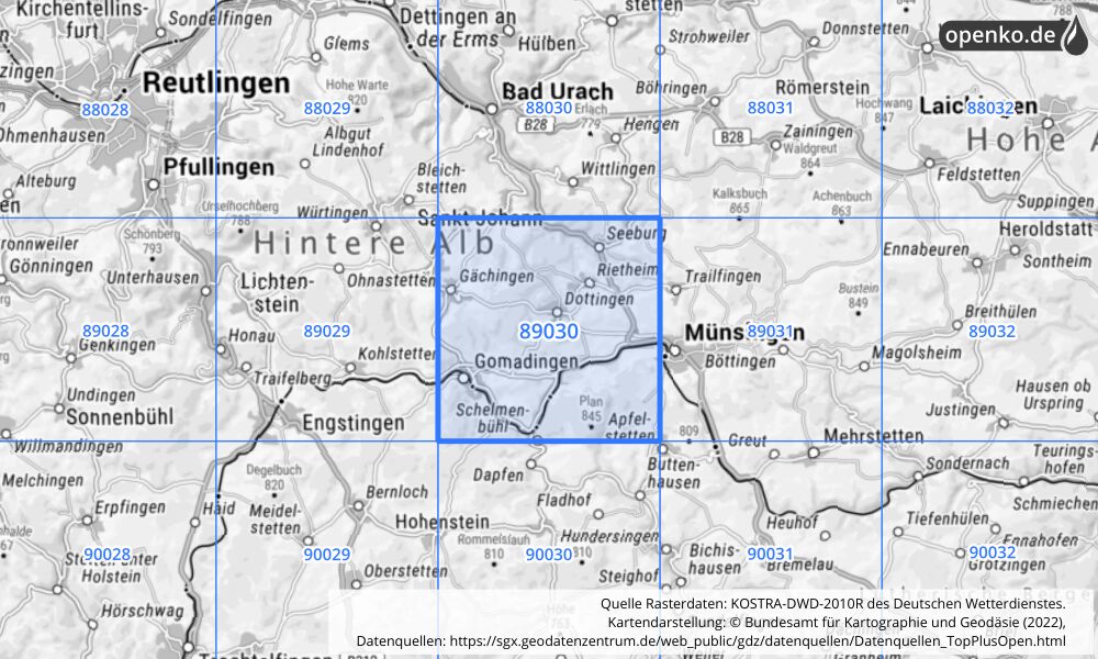 Übersichtskarte KOSTRA-DWD-2010R Rasterfeld Nr. 89030 mit angrenzenden Feldern