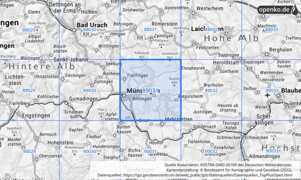 Übersichtskarte KOSTRA-DWD-2010R Rasterfeld Nr. 89031 mit angrenzenden Feldern