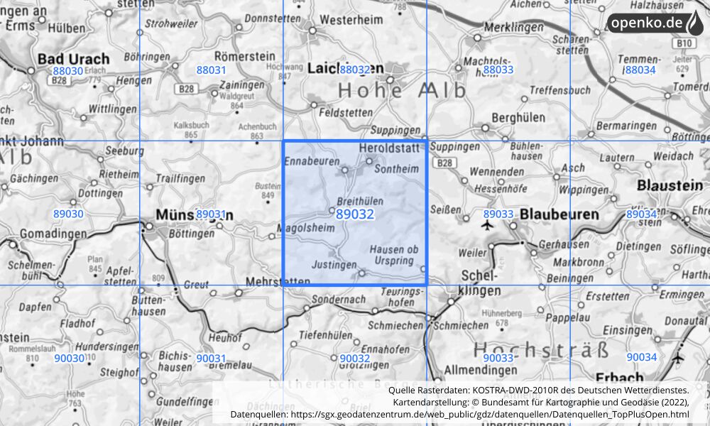 Übersichtskarte KOSTRA-DWD-2010R Rasterfeld Nr. 89032 mit angrenzenden Feldern