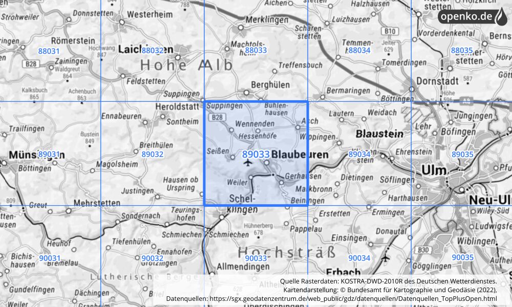 Übersichtskarte KOSTRA-DWD-2010R Rasterfeld Nr. 89033 mit angrenzenden Feldern